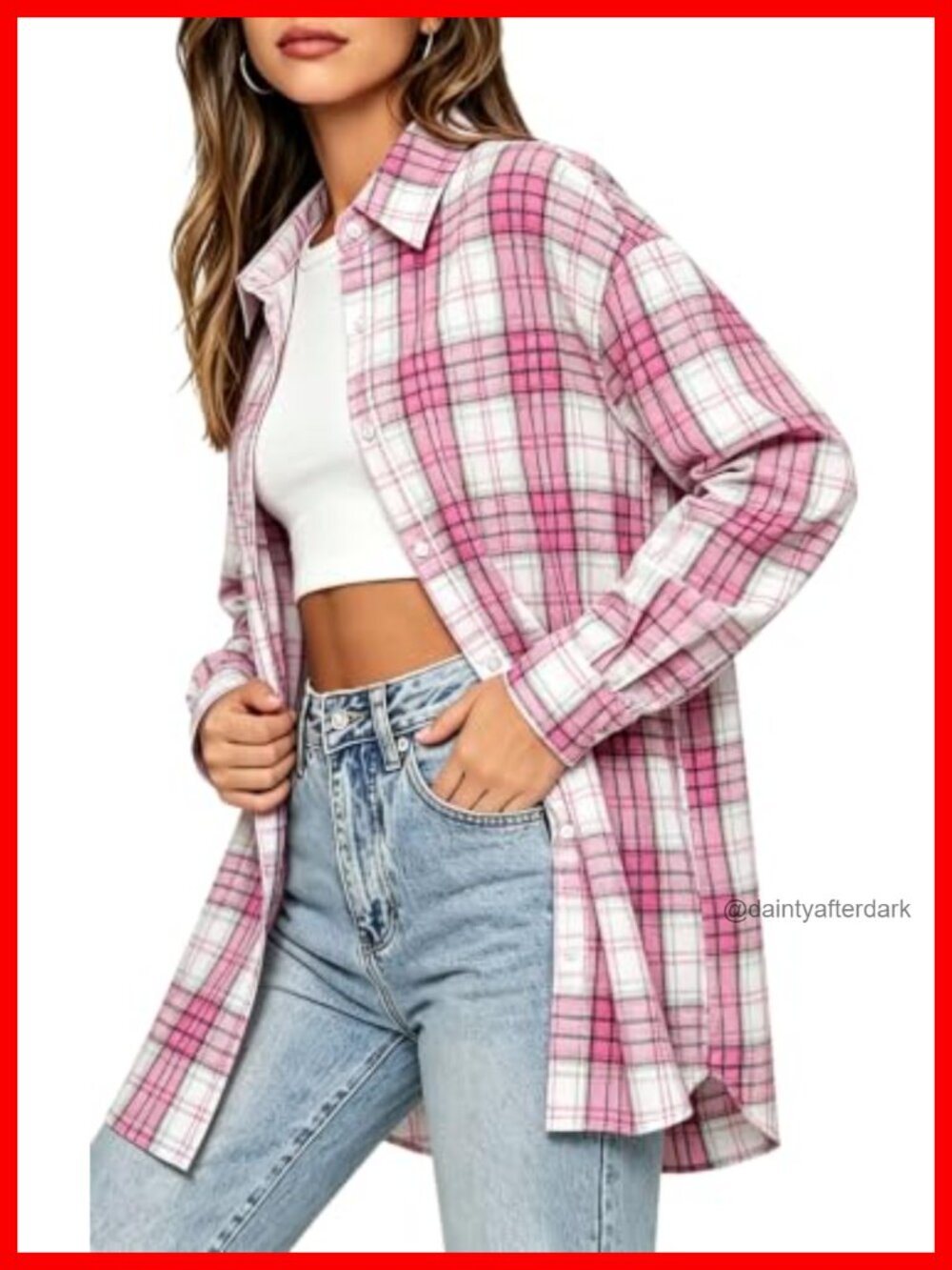 Oversized Plaid Flannel Button Down Shirt Long Sleeve Womens Top